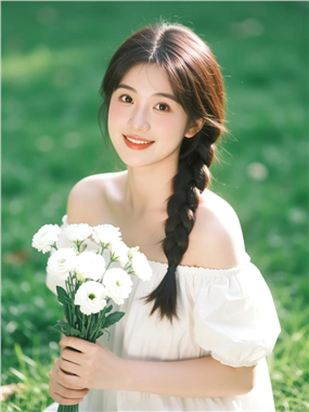 夏日清纯麻花辫手捧花美女图片